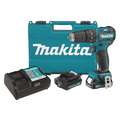Makita Cordless Hammer Drill Kit: 12V DC, Compact Premium, 3/8 in Chuck, Keyless, 2, 23.3 ft-lb