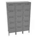 Box Locker: 45 in x 18 in x 66 in, 5 Tiers, 3 Units Wide, Louvered, Padlock Hasp, Gray