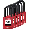 Zing Red Lockout Padlock, Alike Key Type, Aluminum Body Material, 6 PK