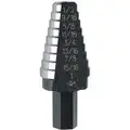 Step Drill Bit, High Speed Steel, 8 Hole Sizes, 1/8" Step Thickness, 9/16" - 1"