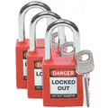 Red Lockout Padlock, Alike Key Type, Thermoplastic Body Material, 3 PK