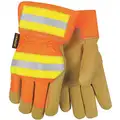 Pigskin Leather Work Gloves, Safety Cuff, Gold, High Visibility Orange and Yellow, Size: L, Left and