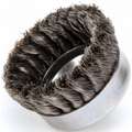 4" Knotted Wire Cup Brush, Arbor Hole Mounting, 0.014" Wire Dia. 1-1/4" Bristle Trim Length