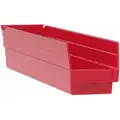 Akro-Mils Shelf Bin: 23 5/8 in Overall L, 4 1/8 in x 4 in, Red, Nestable, Label Holders
