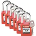 Red Lockout Padlock, Different Key Type, Thermoplastic Body Material, 6 PK