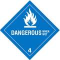 DOT Label, Class 4, Dangerous When Wet, Vinyl, Self-Sticking, White/Blue, 4" Height, PK 25