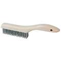 Ability One Scratch Brush: Curved Handle, Stainless Steel, Wood, 5 in Brush Lg, 10 1/2 in Handle Lg