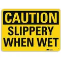 Recycled Aluminum Slippery When Wet Sign with Caution Header, 7" H x 10" W