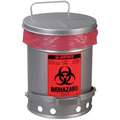 Justrite Biohazard Waste Can: 6 gal Can Capacity, Steel, Silver, 15 7/8 in Ht