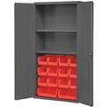 Bin Cabinet: 36 in x 18 in 72 in, 2 Shelves, 14 Bins, Red, Solid, 14 ga Panel, Gray