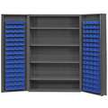 Bin Cabinet: 48 in x 24 in 72 in, 4 Shelves, 128 Bins, Blue, Deep Box, 14 ga Panel, Gray