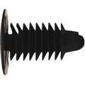 Ribbed Push In Rivet, Plastic, 5 mm Dia., 12 mm L, 10 mm Head Dia., Black, 100 PK