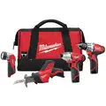 Milwaukee M12 Cordless Combination Kit, 12.0 Voltage, Number of Tools 4