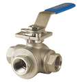 Ball Valve, 316 Stainless Steel, 3-Way, 3-Piece, Pipe Size 1/2 in