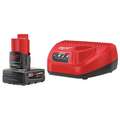 Battery and Charger Kit: Milwaukee, M12 REDLITHIUM, Li-Ion, Charger Included, 1 Batteries Included