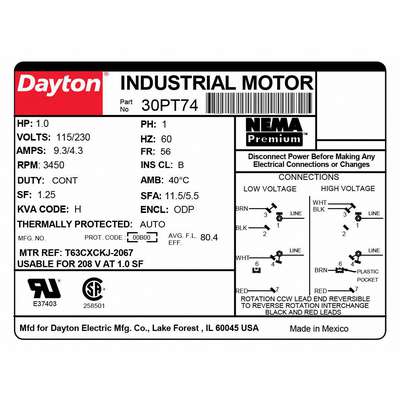 DAYTON 30PT74 GP Motor,1 HP,3,450 RPM,115/230V AC,56 