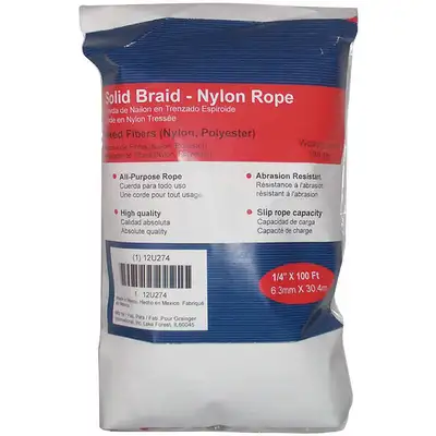 912608-8 Rope: 1/4 in Rope Dia, White, 100 ft Rope Lg, 108 lb Working Load  Limit, Solid Braid